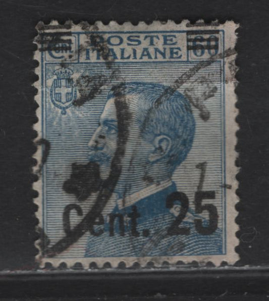 Lot 69 Italy SC#153b 25c on 60c Blue Victor Emmanuel II, 1923-1925 Surcharged Issue, A Good Used Single, Scarce Type 2 Surcharge, Shorter & More Narrowly Spaced (3mm versus 3.5-3.75mm) Surcharge Bar, Heavy Horizontal Crease At Top.