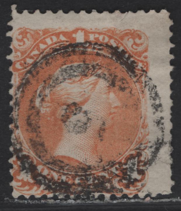 Lot 7 (C) Canada #23 1c Yellow Orange Queen Victoria, 1868-1876 Large Queen Issue, A Very Good Used Single, Paper FO-Z (Duckworth 9b), Perf 12, 5-2 Ring Cancel For Hamilton.