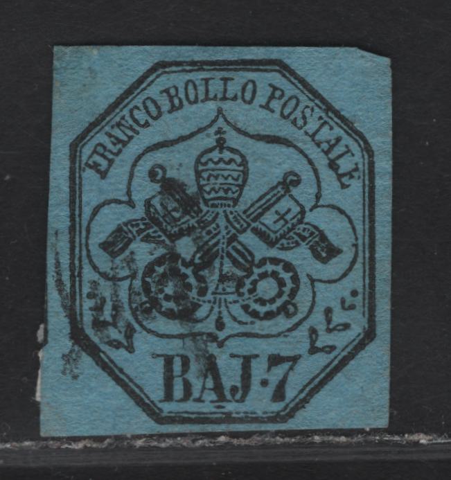Lot 71 Roman States SC#8 7b Black on Blue Papal Arms, 1852 Imperf Arms Issue, A Fine Used Single, Three Large Margins & 1 Close Margins At Base, Has All 10 Characteristics Of The Genune Stamp