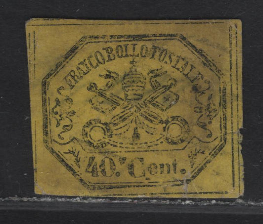 Lot 72 Roman States SC#17 40c Black on Yellow Papal Arms, 1867 Imperf Arms Issue, A Very Good Used Single, Continuous Horizontal Dividing Lines At UL Which Shows It Is Original