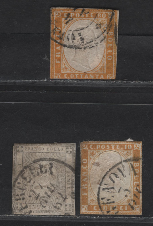 Lot 73 Sardinia SC#11a, 14, P2 10c - 2c Ochre - Gray Black Victor Emmanuel II - Numeral, 1855-1863 Victor Emmanuel II & Newspaper Issue, 3 Ungraded Used Singles, Generally Sound, But No Margins To Speak Of OnAny Of These Three Stamps