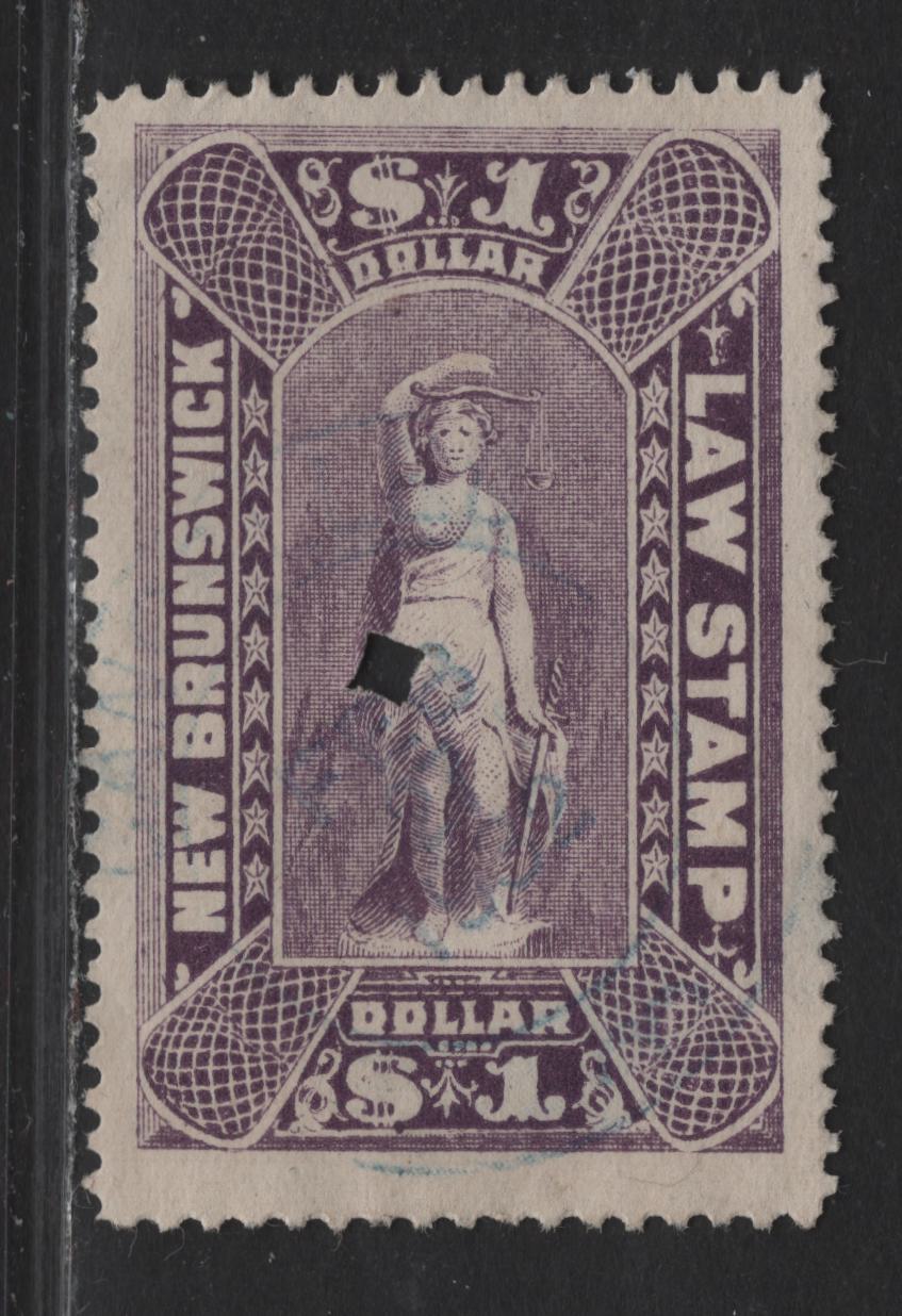 Lot 75 (C) New Brunswick Van Dam#NBL11 $1 Purple Justice, 1890-1900 2nd Law Issue, A Very Good Used Single