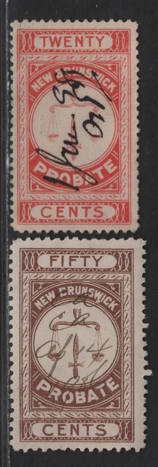 Lot 76 (C)New Brunswick Van Dam#NBP2 & NBP3 20c - 50c Vermillion - Brown Scales, 1895 First Probate Issue, 2 Very Fine Used Singles, Perf 11 (50c) & Perf 12 (20c)