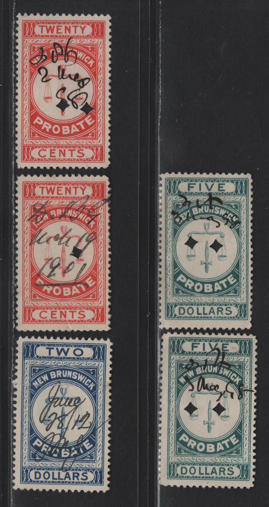 Lot 78 (C)New Brunswick Van Dam#NBP2, NBP4, NBP5 20c - $5 Vermillion - Green Scales, 1895 First Probate Issue, 3 Very Good Used Singles, Perfs 12 & 11.75, All With Punch Cancels & Visible Creases From Folding Of Documents These Were On
