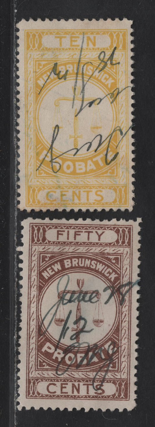 Lot 79 (C)New Brunswick Van Dam#NBP1, NBP3 10c - 50c Lemon Yellow - Brown Scales, 1895 First Probate Issue, 2 Fine Used Singles, Perf 11 (50c) & Perf 12 (10c)