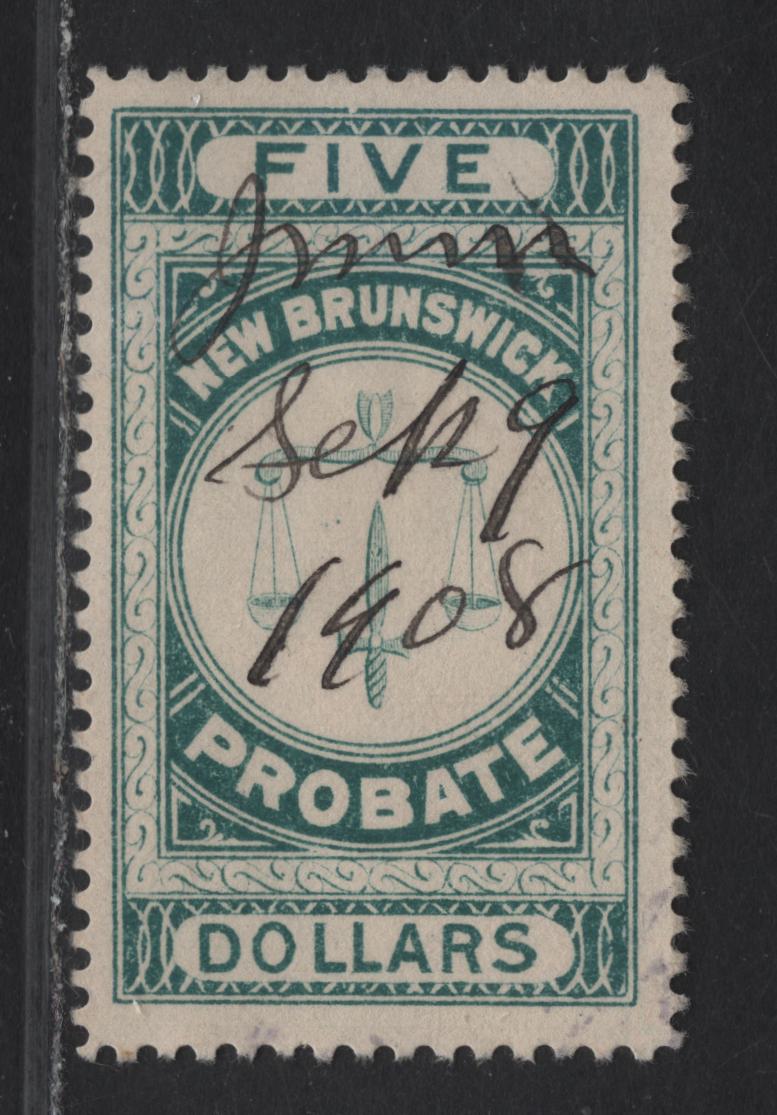 Lot 80 (C) New Brunswick Van Dam#NBP5 $5 Green Scales, 1895 First Probate Issue, A Fine Used Single, Perf 12