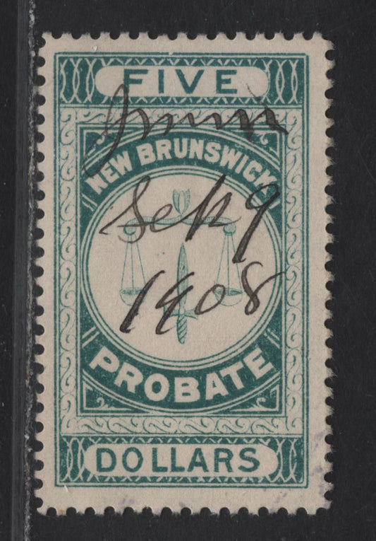 Lot 80 (C)New Brunswick Van Dam#NBP5 $5 Green Scales, 1895 First Probate Issue, A Fine Used Single, Perf 12