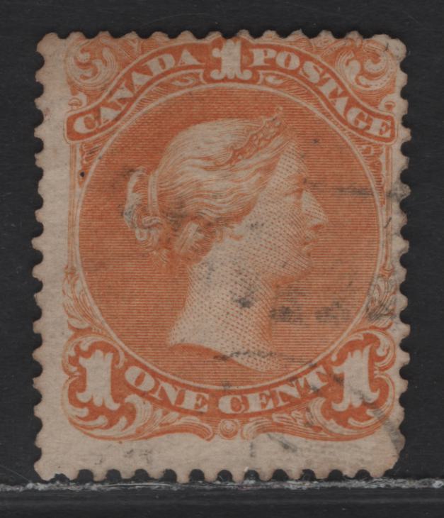 Lot 8 (C) Canada #23 1c Yellow Orange Queen Victoria, 1868-1876 Large Queen Issue, A Very Good Used Single, Paper FO-O (Duckworth 10), Perf 12, Small Position Dot Under 3rd Scallop Of Lower Left Ornament.