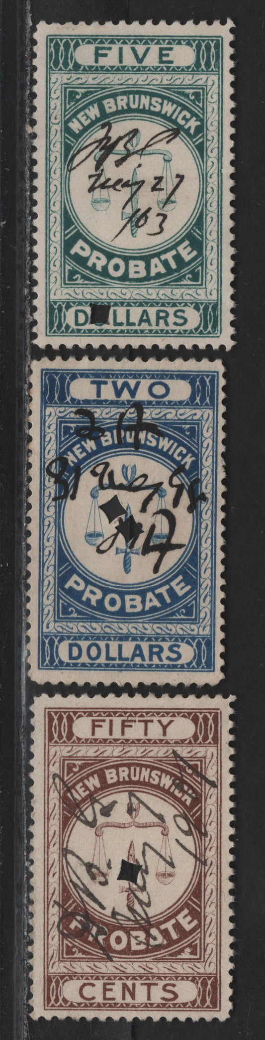 Lot 81 (C)New Brunswick Van Dam#NBP3-NBP5 50c - $5 Brown - Green Scales, 1895 First Probate Issue, 3 Fine/Very Fine Used Singles, Perf 12 ($5), 11.75 (50c) & 12x11.75 ($2)