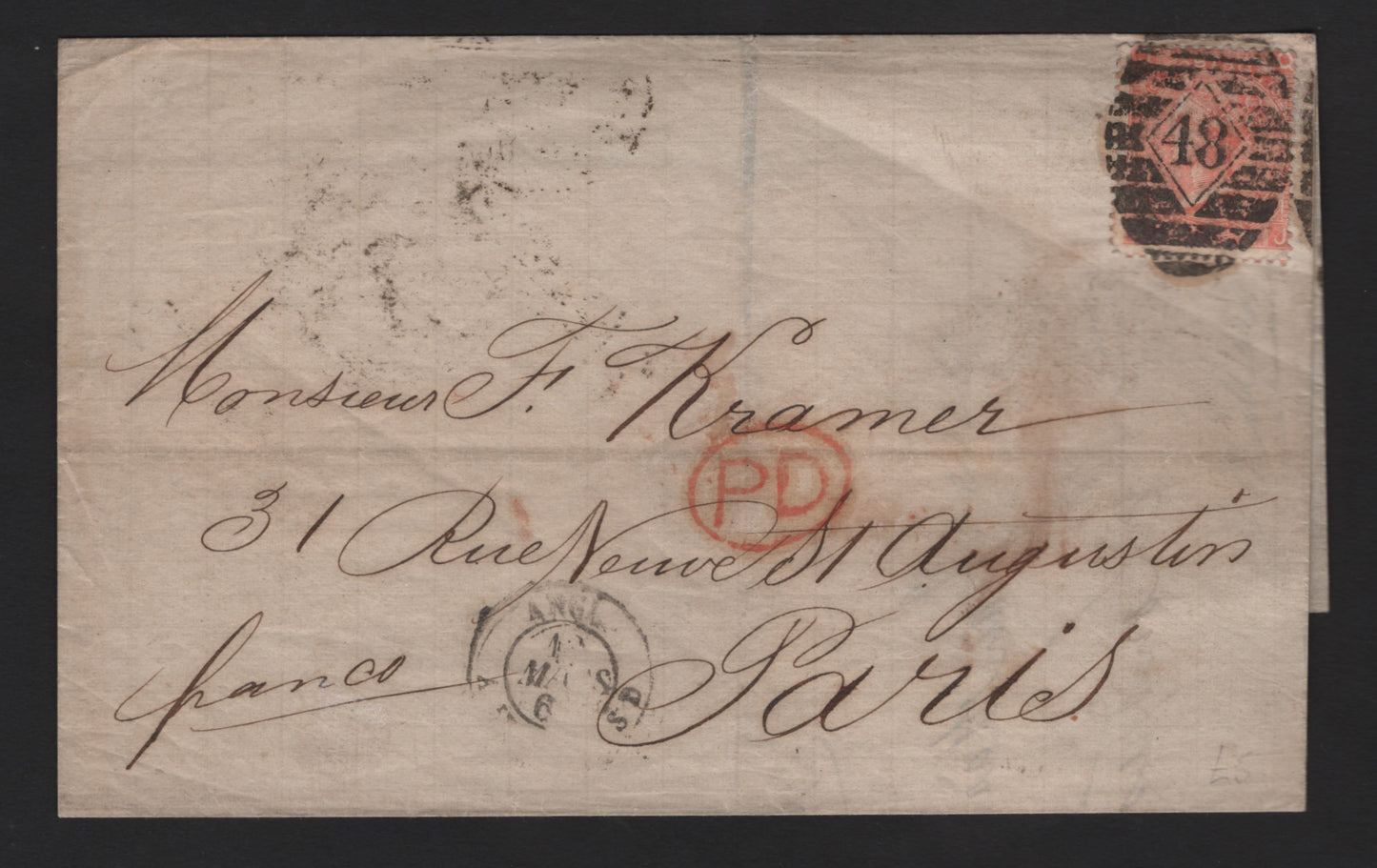 Lot 84 Great Britain SC#43a 4d Dull Vermillion , 1865 Surface Printed Issue, A Fine Used Single, Fine Folded Letter Sheet Franked With A Heavily Cancelled Single, Large White Corner Letters