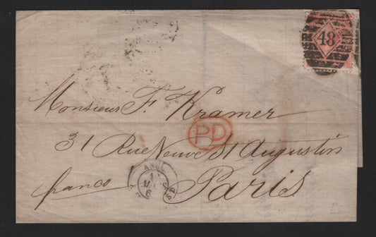 Lot 84 Great Britain SC#43a 4d Dull Vermillion , 1865 Surface Printed Issue, A Fine Used Single, Fine Folded Letter Sheet Franked With A Heavily Cancelled Single, Large White Corner Letters