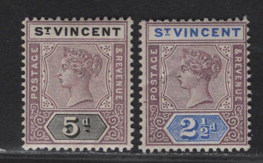 Lot 86 St Vincent SC#64, 67 2.5d - 5d Lilac & Ultramarine - Lilac & Black Queen Victoria, 1898 Queen Victoria Imperium Keyplate Issue, 2 F/VFNH Singles