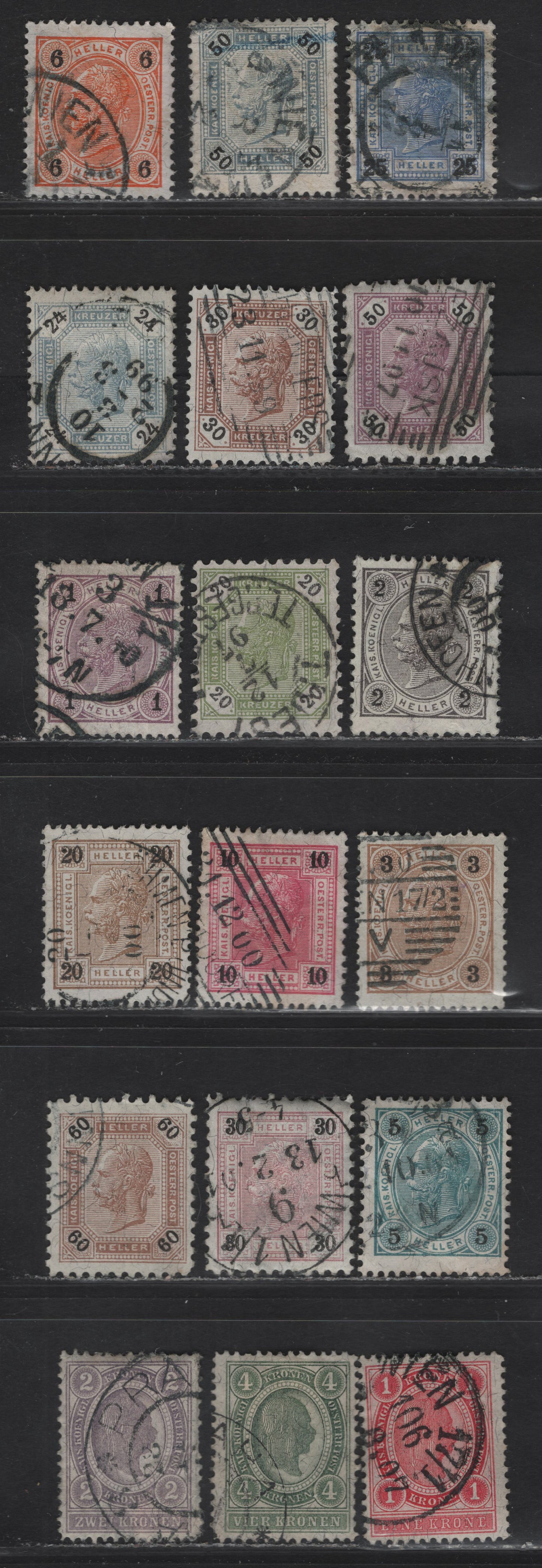 Lot 88 Austria SC#66-73, 75-76, 78, 82c, 81a, 77a, 74a, 83-85 20k - 4k Olive Green & Black - Gray Green , 1891-1901 Franz Joseph Sidefaces Issue, 18 Fine/Very Fine Used Singles, Heller/Kronen Currency, A Few With Varnish Bars