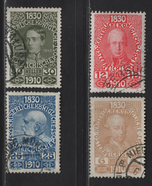 Lot 89 Austria SC#132, 134, 136-137 6h - 30h Buff - Olive Green Leopold II - Franz Joseph, 1908 Birthday Jubilee Issue, 4 Fine/Very Fine Used Singles, 12h Scarlet Is A CTO, So Valued As Mint