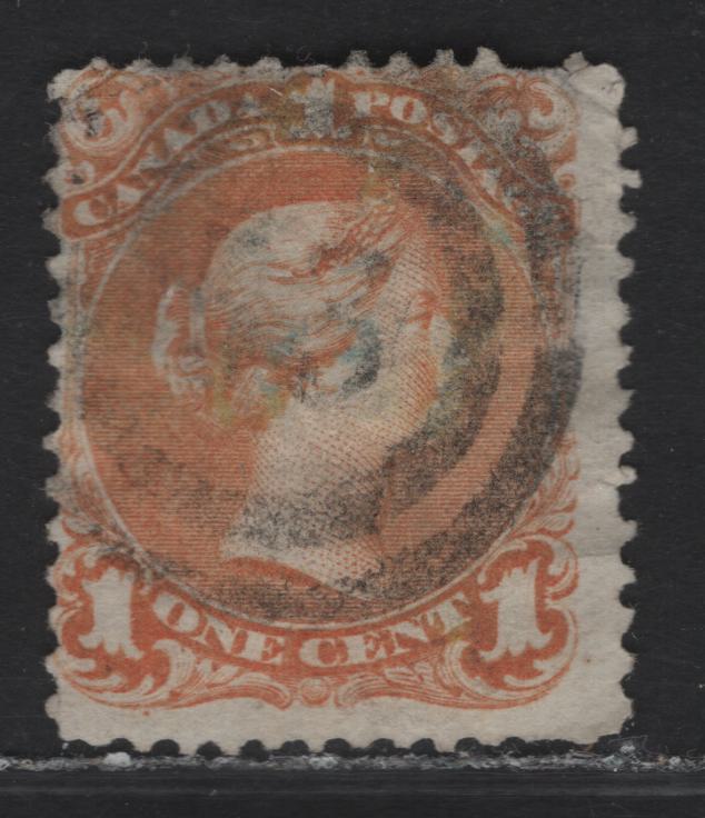 Lot 9 (C) Canada #23 1c Yellow Orange Queen Victoria, 1868-1876 Large Queen Issue, A Good Used Single, Paper FO-Z (Duckworth 9b), Perf 12x11.9, Guide Dot Below 3rd Scallop of LL Ornanment, #53 2 Ring Numeral Cancel For Three Rivers.
