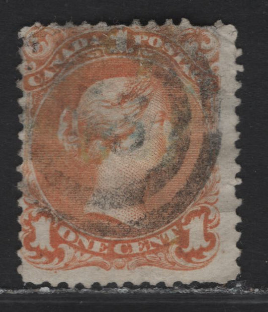 Lot 9 (C) Canada #23 1c Yellow Orange Queen Victoria, 1868-1876 Large Queen Issue, A Good Used Single, Paper FO-Z (Duckworth 9b), Perf 12x11.9, Guide Dot Below 3rd Scallop of LL Ornanment, #53 2 Ring Numeral Cancel For Three Rivers.