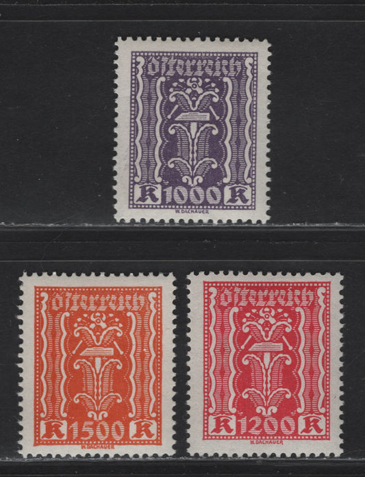 Lot 92 Austria SC#281-283 1000k - 1500k Violet - Orange Symbols, 1922-1924 Symbols of Labor & Industry Issue, 3 VFNH Singles