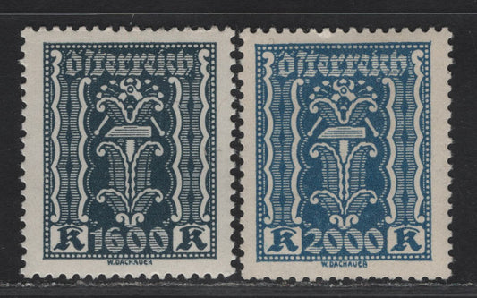 Lot 93 Austria SC#284-285 1600k - 2000k Slate - Blue Symbols, 1922-1924 Symbols of Labor & Industry Issue, 2 VFNH Singles