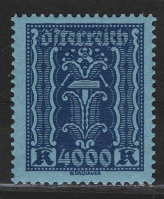 Lot 95 Austria SC#287 4000k Dark Blue on Blue Symbols, 1922-1924 Symbols of Labor & Industry Issue, A VFNH Single