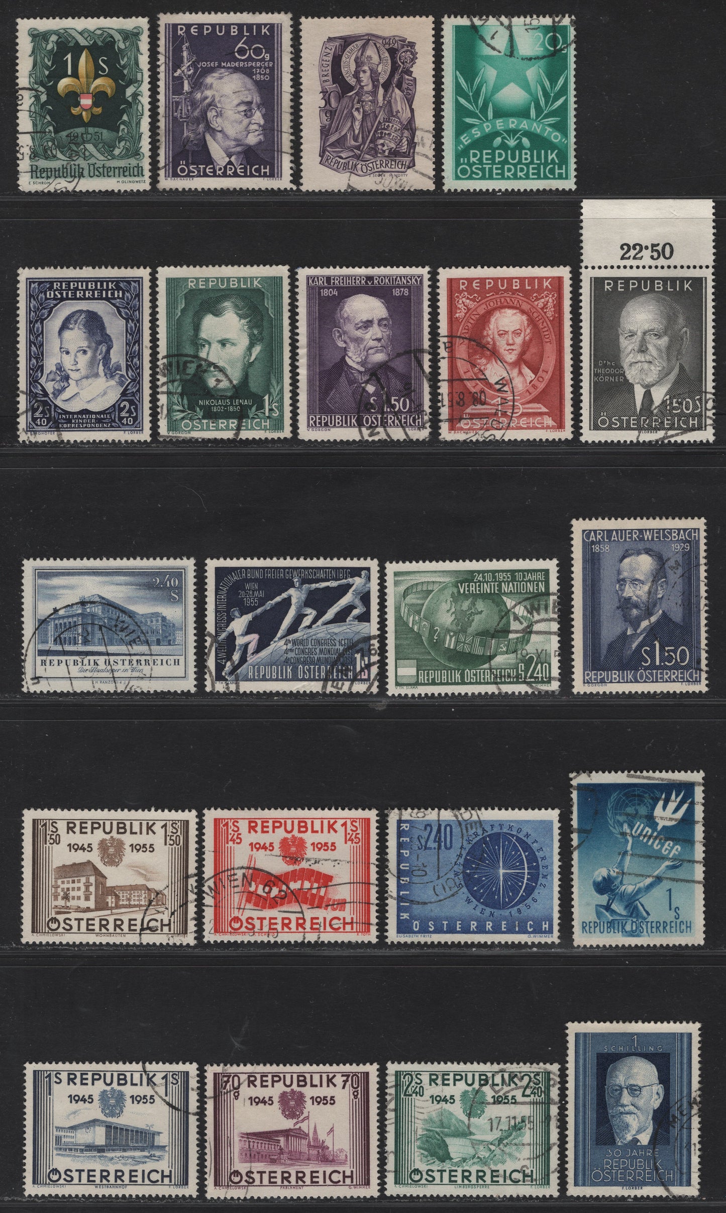 Lot 97 Austria SC#559, 557, 563-564, 571, 575, 576, 582-583, 614, 592, 595-603, 605, 607-608, 611 1s - 1.50s Deep Blue - Gray Black Parliament - Portraits, 1948-1957 Renner - Korner Issues, 21 Fine/Very Fine Used Singles