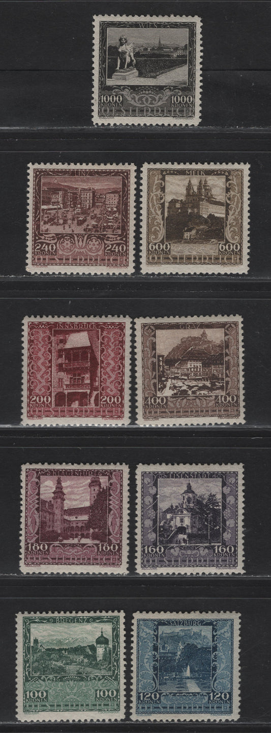 Lot 99 Austria SC#B57-B65 100k - 1000k Dark Green - Black View of regenz - Upper Belvedere, Vienna, 1903 Needy Artists Semi Postal Issue, 9 VFOG Singles