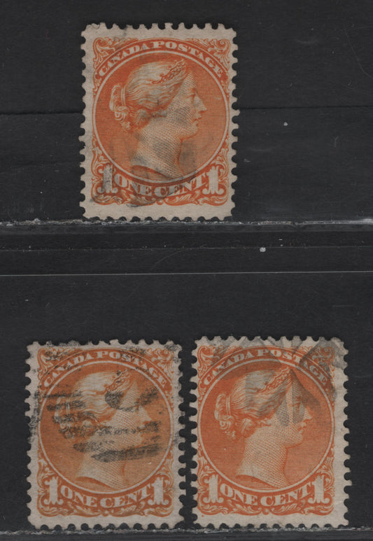 Lot 10 (C) Canada #35a, 35d 1c Orange & Yellow Orange Queen Victoria, 1870-1893 Small Queen Issue, 3 Fine/Very Fine Used Singles, Early Montreal Printings, Papers EM-C, EM-E & EM-F, Perfs 12 & 11.75x12.1, All With Pos. Dots At LL.