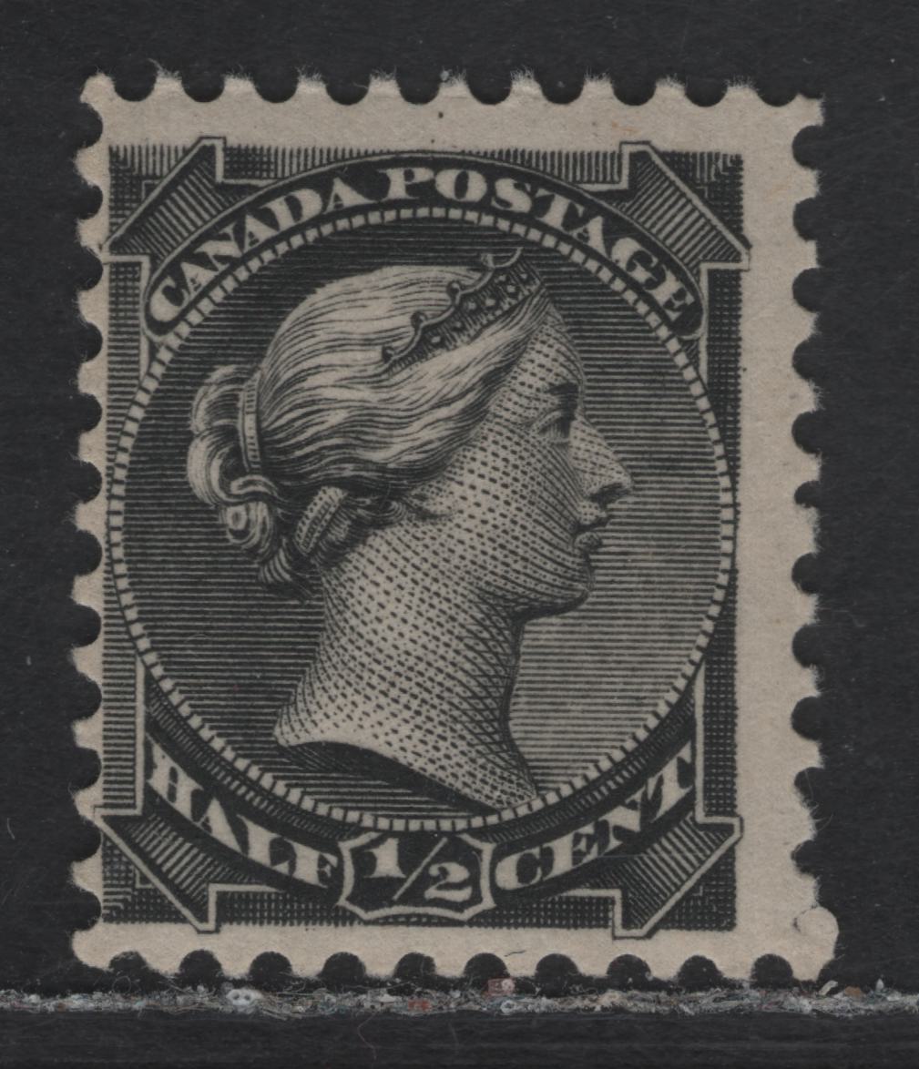 Lot 1 (C) Canada #34ii 1/2c Black Queen Victoria, 1870-1893 Small Queen Issue, A FNH Single, Late Montreal Printing, Paper LM-B ( Thick Soft White Vertical Wove), Perf 12, Natural Gum Skip Spot At Bottom Center.