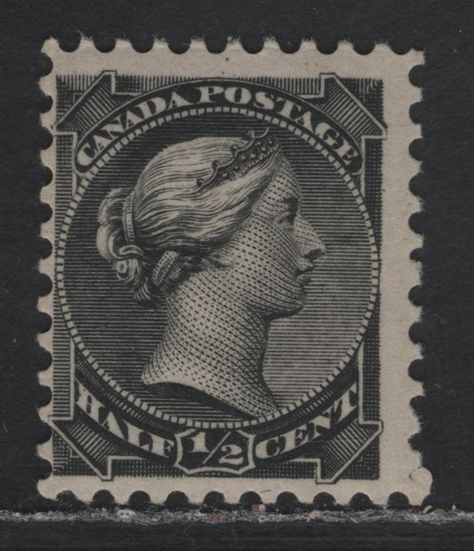 Lot 1 (C) Canada #34ii 1/2c Black Queen Victoria, 1870-1893 Small Queen Issue, A FNH Single, Late Montreal Printing, Paper LM-B ( Thick Soft White Vertical Wove), Perf 12, Natural Gum Skip Spot At Bottom Center.