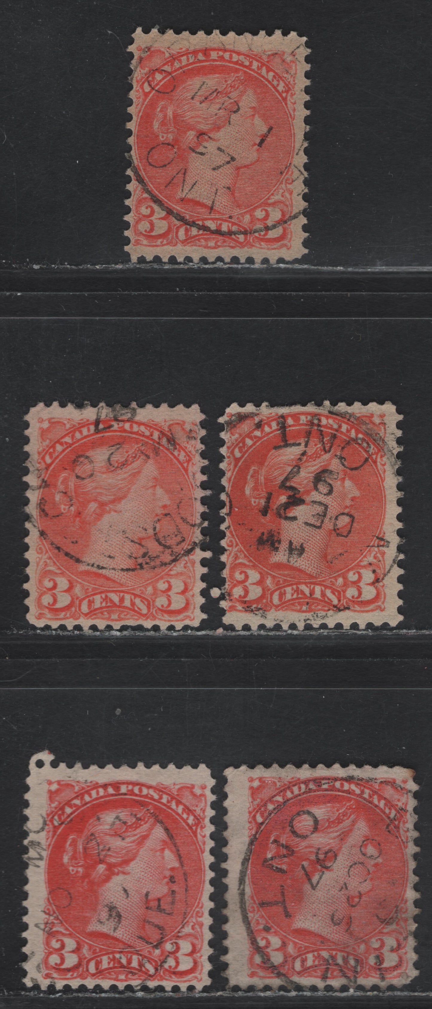 Lot 102 (C) Canada #41 3c Deep Vermillion - Orange Vermillion Queen Victoria, 1888-1897 Small Queen Issue, 5 Fine Used Singles, Late 2nd Ottawa Printings, 1897 Dates, All Different Shades, All On Translucent Horizontal Wove Papers, Unchecked For Perfs.
