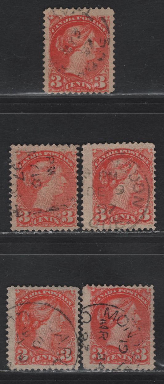(C) Canada #41 3c Orange Vermillion Queen Victoria, 1888-1897 Small Queen Issue, 5 Fine Used Singles, Late 2nd Ottawa Printings, 1897 Dates, All Different Shades, All On Translucent Horizontal Wove Papers, Unchecked For Perfs.