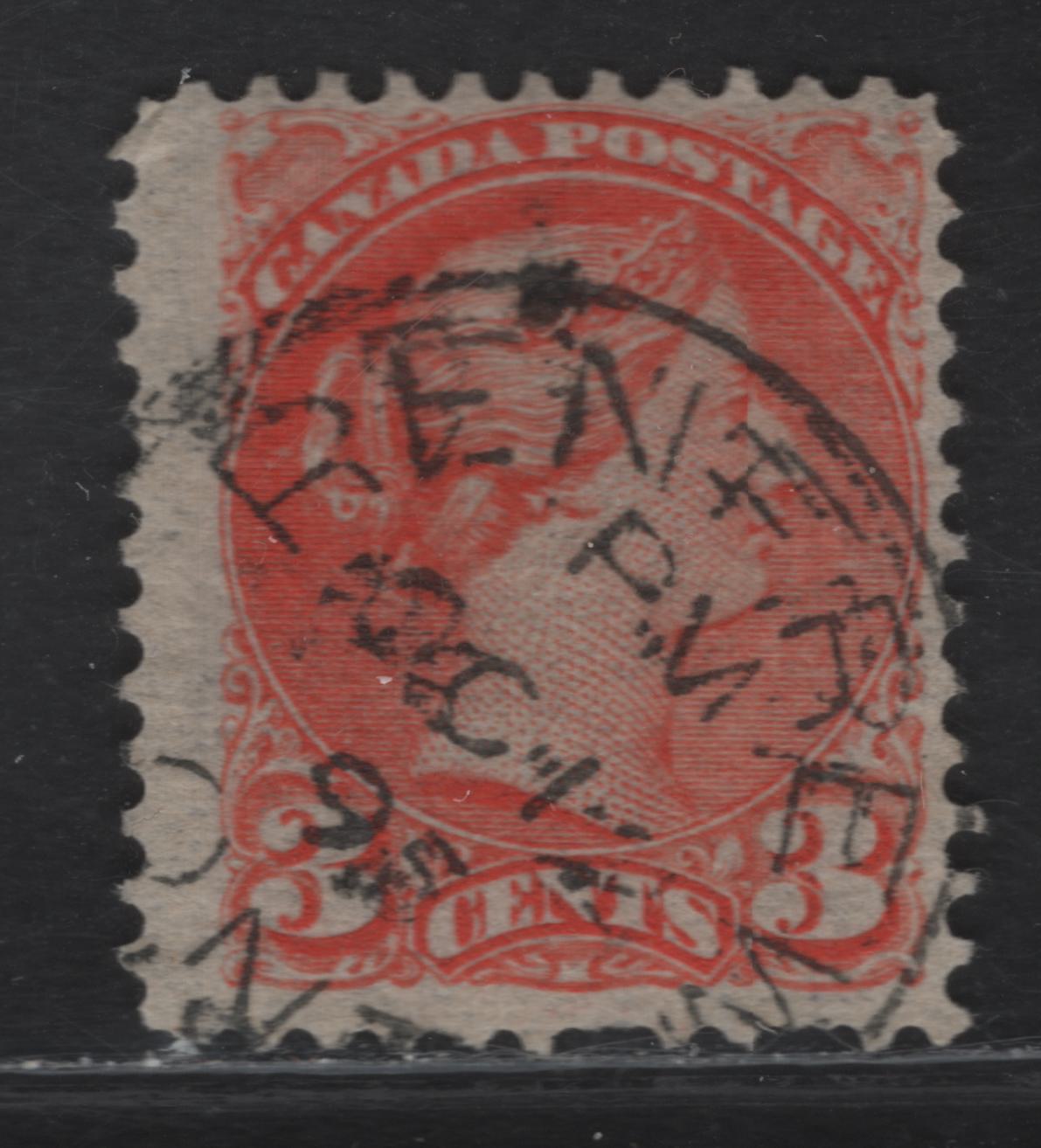 Lot 105 (C) Canada #41var 3c Orange Vermillion Queen Victoria, 1888-1897 Small Queen Issue, A Very Good Used Single, Mid 2nd Ottawa Printing, Very Scarce Extremely Thin Paper (2O-BB), Perf 12x12.2, Cancelled With October 12 1895 Renfrew ON Cancel.