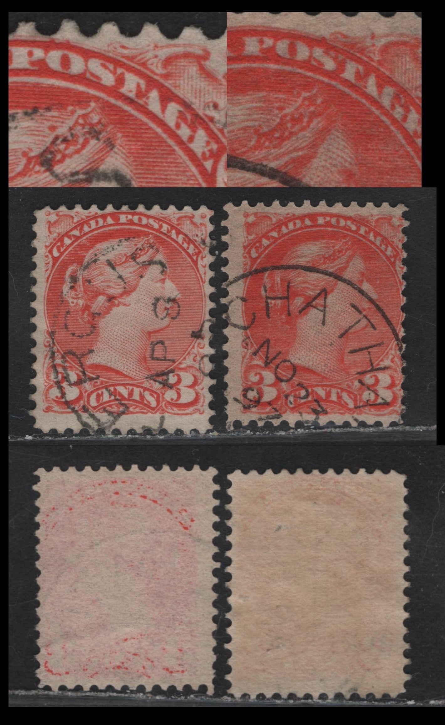 Lot 106 (C) Canada #41var 3c Vermillion & Deep Bright Orange Vermillion Queen Victoria, 1888-1897 Small Queen Issue, 2 Fine Used Singles, Mid & Late 2nd Ottawa Printings, Plate Varieties, Papers 2O-I (Perf 12x12.1) & 2O-HH (Perf 12).