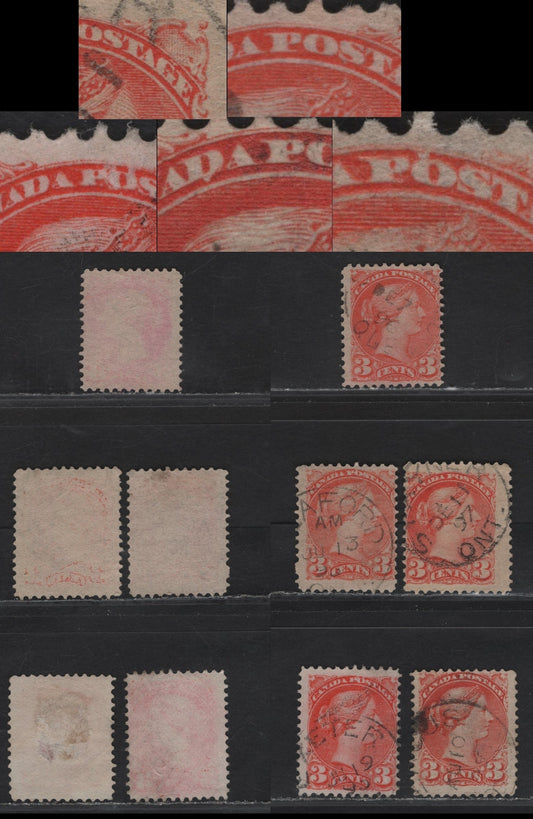 Lot 107 (C) Canada #41var 3c Vermillion & Orange Vermillion Queen Victoria, 1888-1897 Small Queen Issue, 5 Fine Used Singles, Plate Flaws Affecting 'Postage' & '(C) Canada', Unchecked For Perfs
