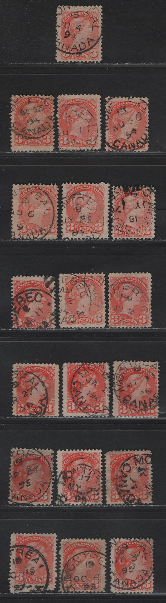 Lot 108 (C) Canada #41 3c Vermillion & Orange Vermillion Queen Victoria, 1888-1897 Small Queen Issue, 19 Fine Used Singles, Montreal & Quebec CDS Cancels From 1894-1896 Dates, Various Shades, Papers & Perfs