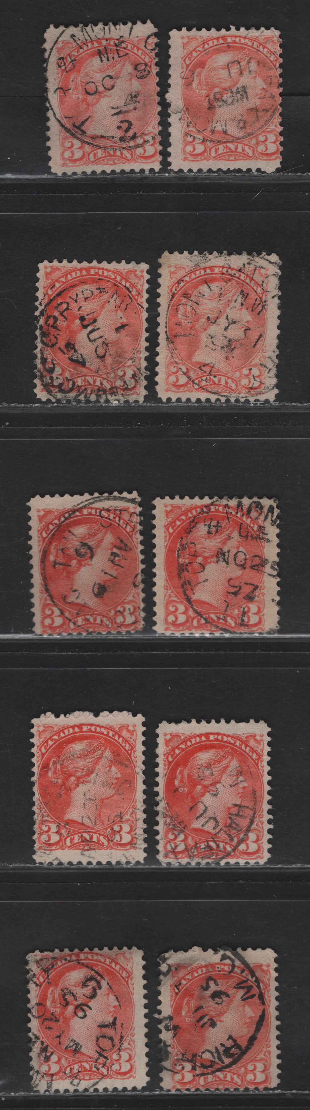 Lot 109 (C) Canada #41 3c Vermillion Queen Victoria, 1888-1897 Small Queen Issue, 10 Fine Used Singles, Railway Cancels, 1894-1897 Dates, Various Papers, Shades & Perfs.