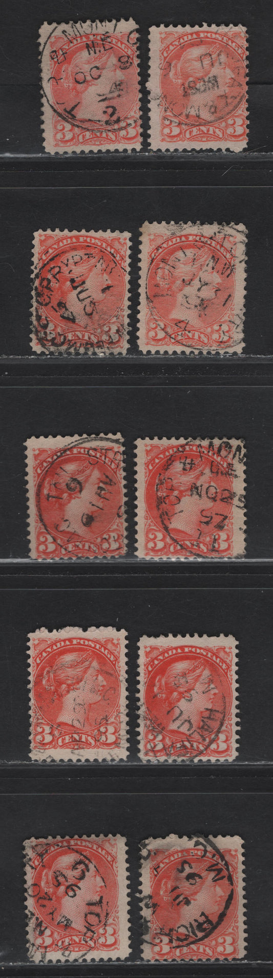 Lot 109 (C) Canada #41 3c Vermillion Queen Victoria, 1888-1897 Small Queen Issue, 10 Fine Used Singles, Railway Cancels, 1894-1897 Dates, Various Papers, Shades & Perfs.