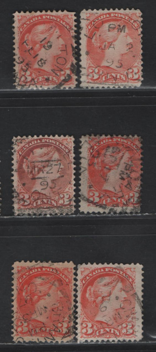 Lot 112 (C) Canada #41 3c Vermillion & Orange Vermillion Queen Victoria, 1888-1897 Small Queen Issue, 6 Very Good/Fine Used Singles, Squared Circle Cancels, Different Shades & Paper Types