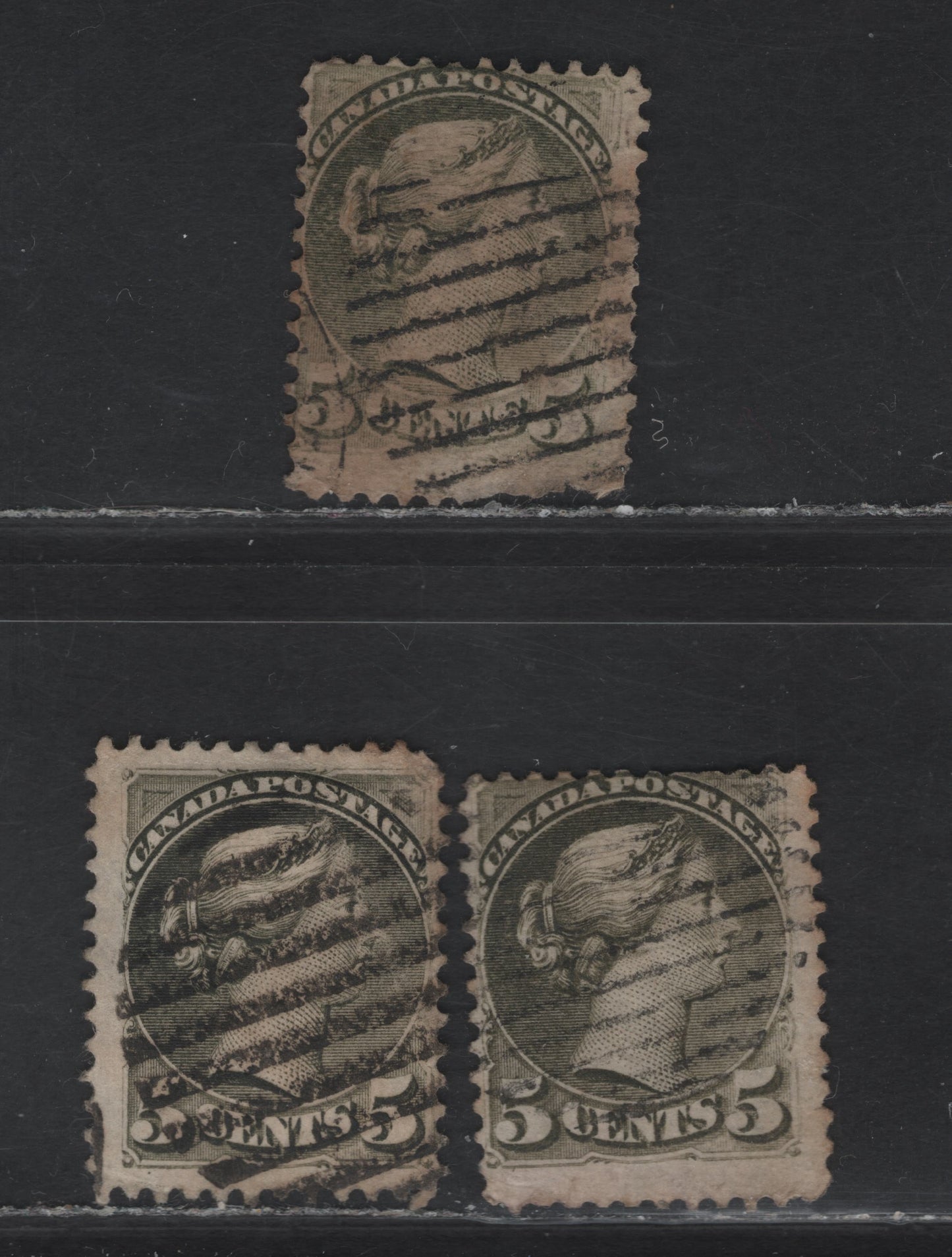 Lot 116 (C) Canada #38 5c Slate Green, Deep Slate Green & Deep Gray Queen Victoria, 1870-1893 Small Queen Issue, 3 Very Good Used Singles, Mid Montreal Printings, Different Papers, Generally Perf 12 & Unlisted 12.1x11.75 (Not Counted).