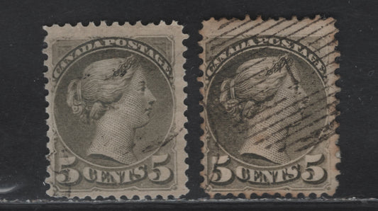 Lot 117 (C) Canada #38 5c Pale Slate Green Queen Victoria, 1870-1893 Small Queen Issue, 2 Fine Used Singles, Mid to Late Montreal Printings, Papers MM-U (Perf 12x12.1, Pale Shade) & MM-D (Perf 12)