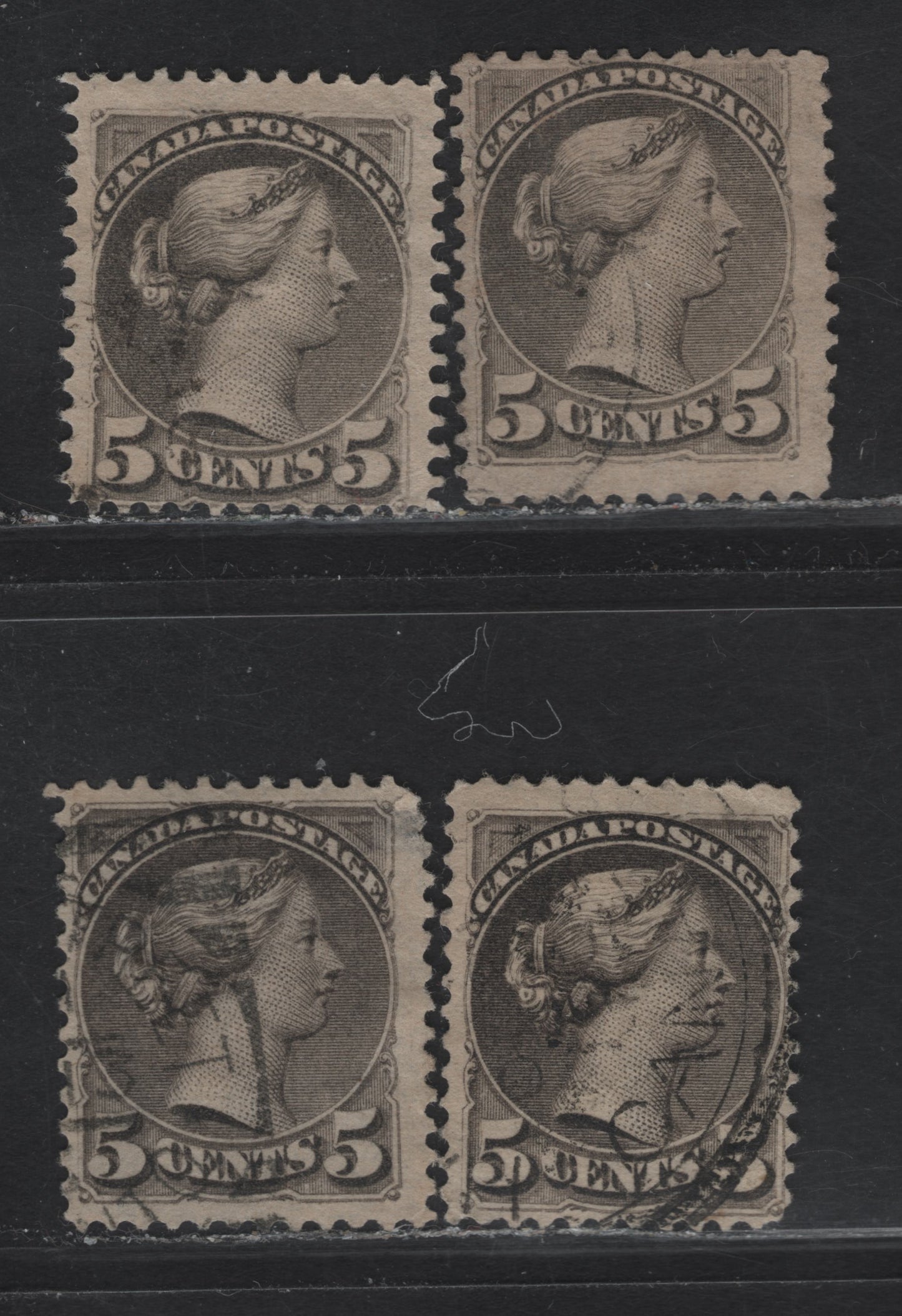 Lot 119 (C) Canada #42 5c Gray & Deep Violet Gray Queen Victoria, 1870-1893 Small Queen Issue, 4 Very Good/Fine Used Singles, Mid to Late 2nd Ottawa Printings, Different Translucent Papers