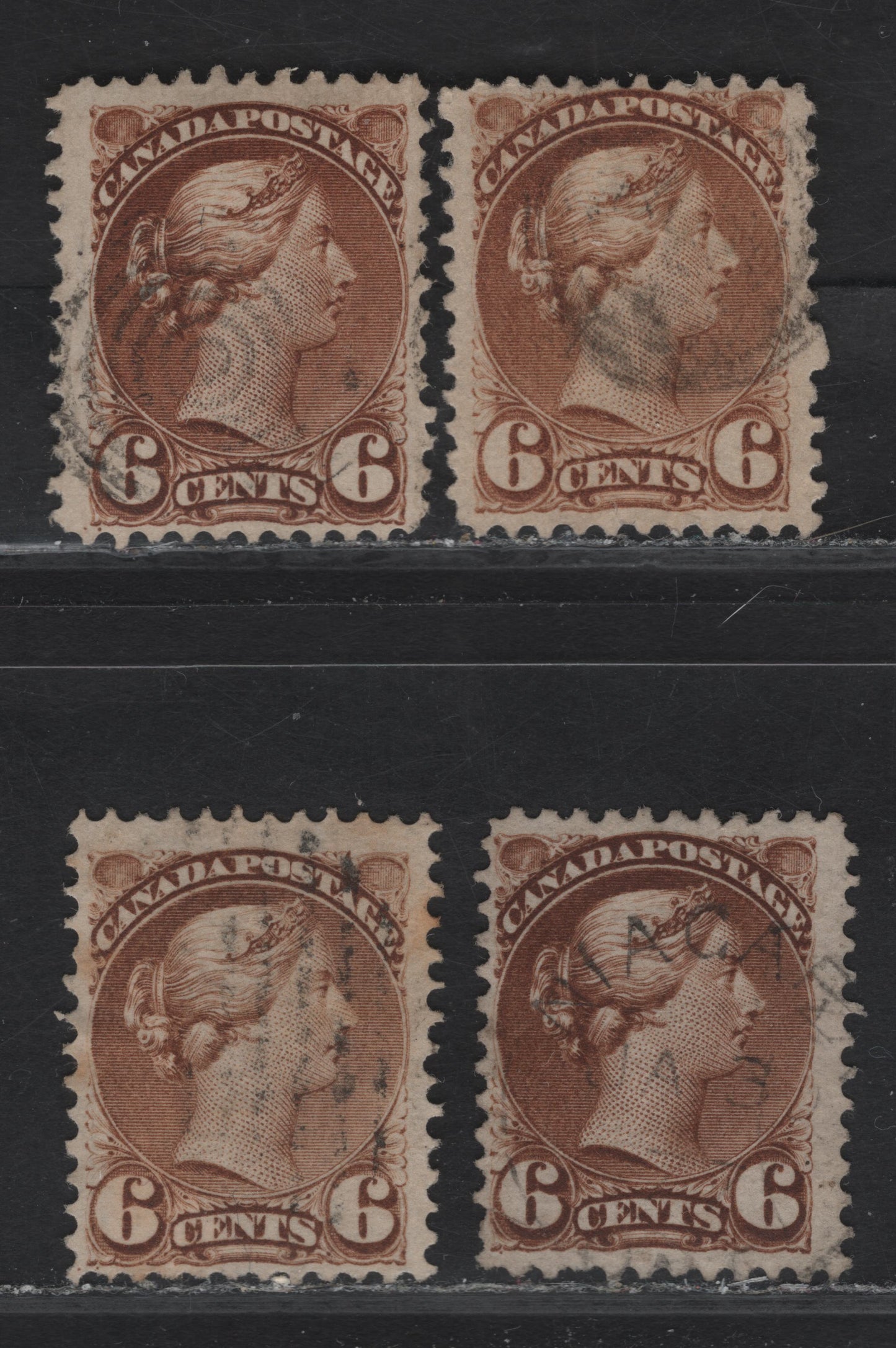 Lot 122 (C) Canada #39, 39b, 39d 6c Yellow Brown & Brown Queen Victoria, 1870-1893 Small Queen Issue, 4 Very Good/Fine Used Singles, Mid Montreal Printings, Different Papers & Shades, With & Without Position Dots At LL.