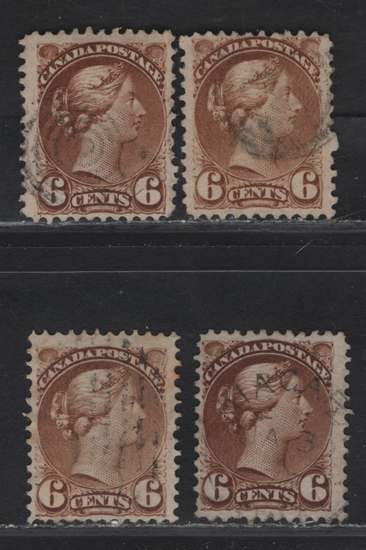 Lot 122 (C) Canada #39, 39b, 39d 6c Yellow Brown & Brown Queen Victoria, 1870-1893 Small Queen Issue, 4 Very Good/Fine Used Singles, Mid Montreal Printings, Different Papers & Shades, With & Without Position Dots At LL.