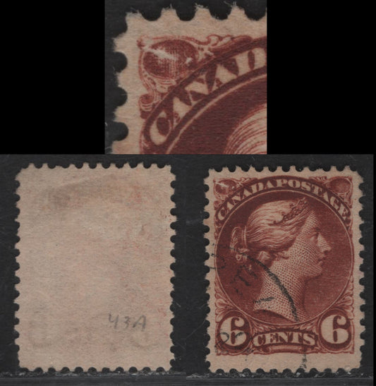 Lot 129 (C) Canada #43var 6c Deep Red Brown Queen Victoria, 1888-1897 Small Queen Issue, A Very Fine Used Single, Mid 2nd Ottawa Printing, Paper 2O-M, Perf 12, Damaged UL Ornament