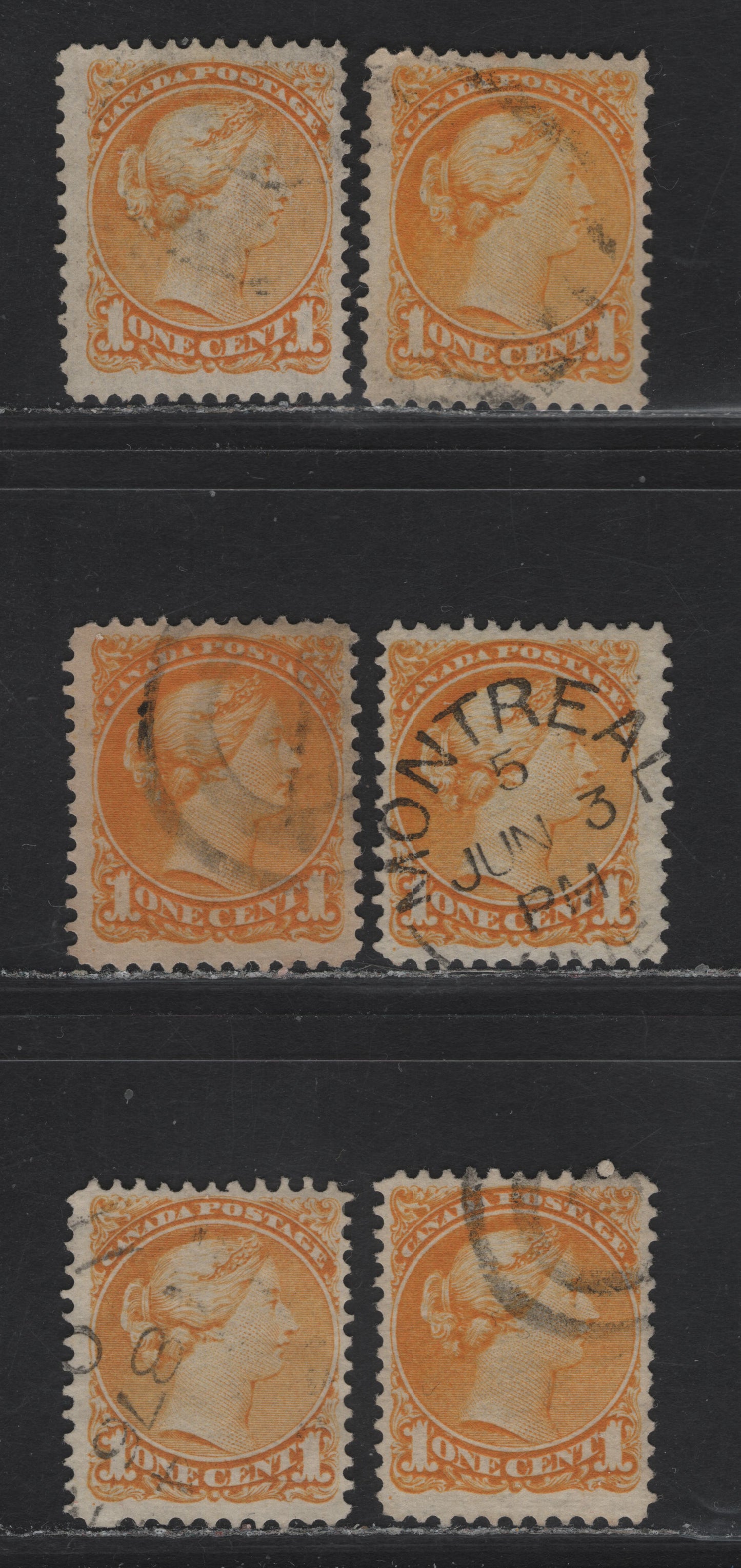 Lot 15 (C) Canada #35i 1c Yellow & Bright Yellow Queen Victoria, 1870-1893 Small Queen Issue, 6 Fine Used Singles, Mid Montreal Printings, Papers MM-B, MM-R & MM-A, Perfs 12.2, 12 & 12.1, All Except 1 With Pos. Dot At LL.