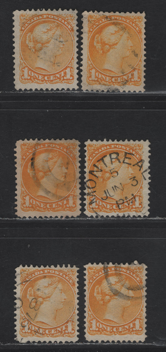 Lot 15 (C) Canada #35i 1c Yellow & Bright Yellow Queen Victoria, 1870-1893 Small Queen Issue, 6 Fine Used Singles, Mid Montreal Printings, Papers MM-B, MM-R & MM-A, Perfs 12.2, 12 & 12.1, All Except 1 With Pos. Dot At LL.