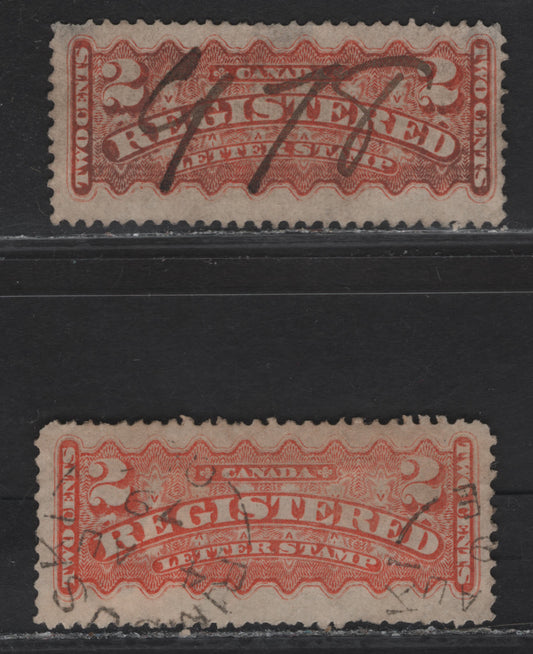 Lot 159 (C) Canada #F1d 2c Pale Bright Orange & Dull Orange Registered, 1875-1896 Registration Issue, 2 Good/Very Good Used Singles, Mid Montreal Printings, Paper MM-R, Perf 12x11.75.