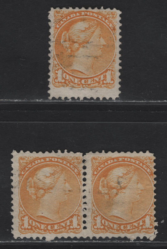 Lot 16 (C) Canada #35vii 1c Yellow Queen Victoria, 1870-1893 Small Queen Issue, 2 Fine Used Single & Pair, Mid Montreal Printing, Paper MM-V Perf 11.75x12.1 (The Pair) & Paper MM-U Perf 11.75x11.9