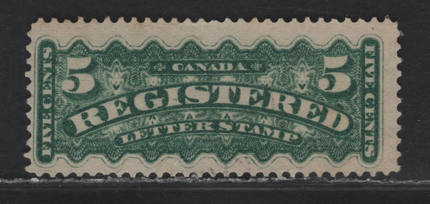 Lot 163 (C) Canada #F2 5c Dark Green Registered, 1875-1896 Registration Issue, A Very Good Used Single, Montreal Gazette Printing, Paper MG-D, Perf 12.25, Lightest Trace Of A Cancel At Bottom & Light Corner Bend.