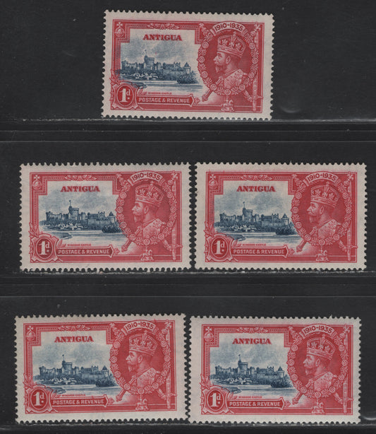 Lot 167 (C) Antigua SG#91 1d Deep Blue & Carmine Windsor Castle, 1935 Silver Jubilee Issue, 5 VFOG Singles, Different Printings, Each Showing A Different Frame/Vignette Shade Combination