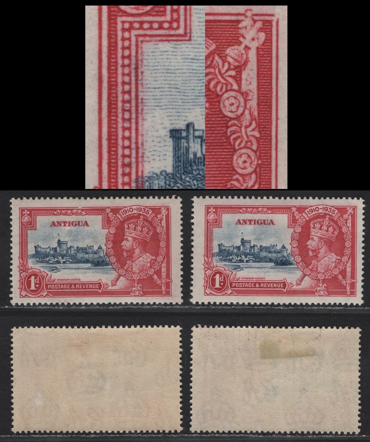Lot 169 Antigua SG#91 1d Dark Carmine & Deep Grayish Blue Windsor Castle, 1935 Silver Jubilee Issue, 2 FOG Singles, Showing Weak Detail In The Upper Parf Of The Sword & Weak Inner Frameline At Left